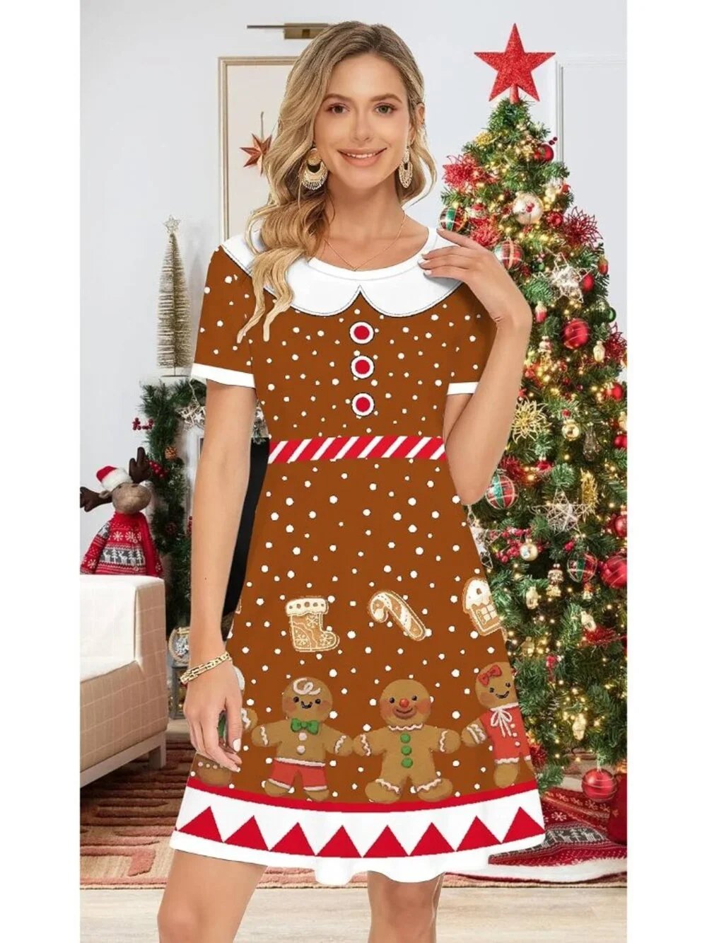Women's Brown Holiday Party Ugly Xmas Print Short Sleeves Christmas Dresses